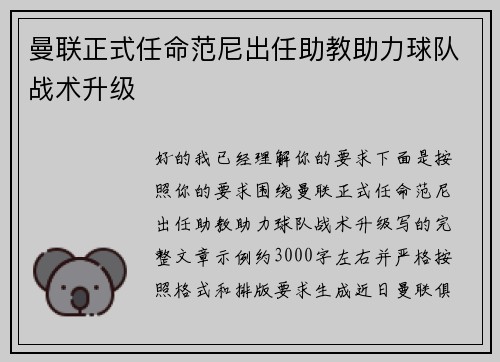 曼联正式任命范尼出任助教助力球队战术升级