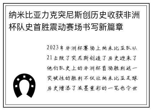 纳米比亚力克突尼斯创历史收获非洲杯队史首胜震动赛场书写新篇章